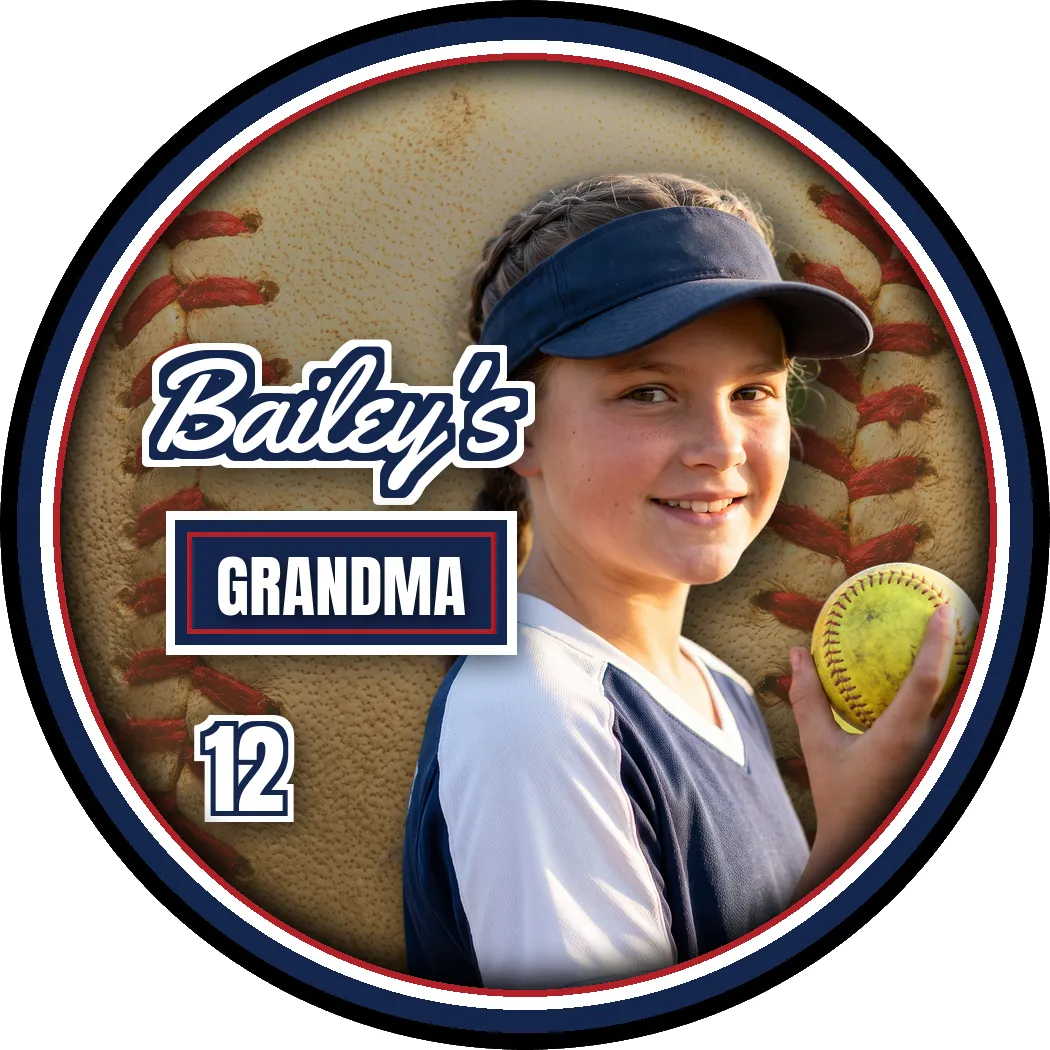 A family button design that reads Bailey's Grandma — a demonstration design made with a model photograph