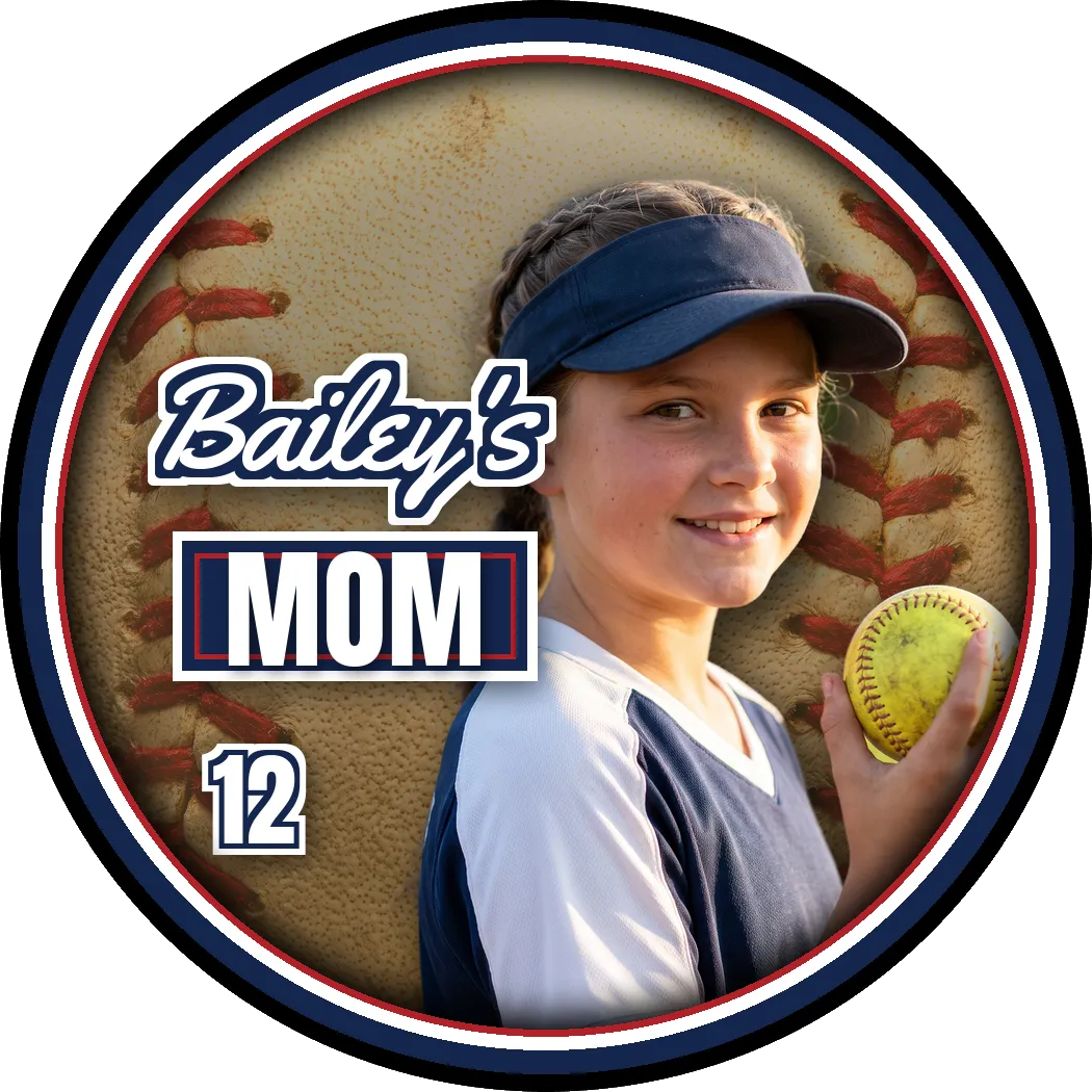 A family button design that reads Bailey's Mom — a demonstration design made with a model photograph
