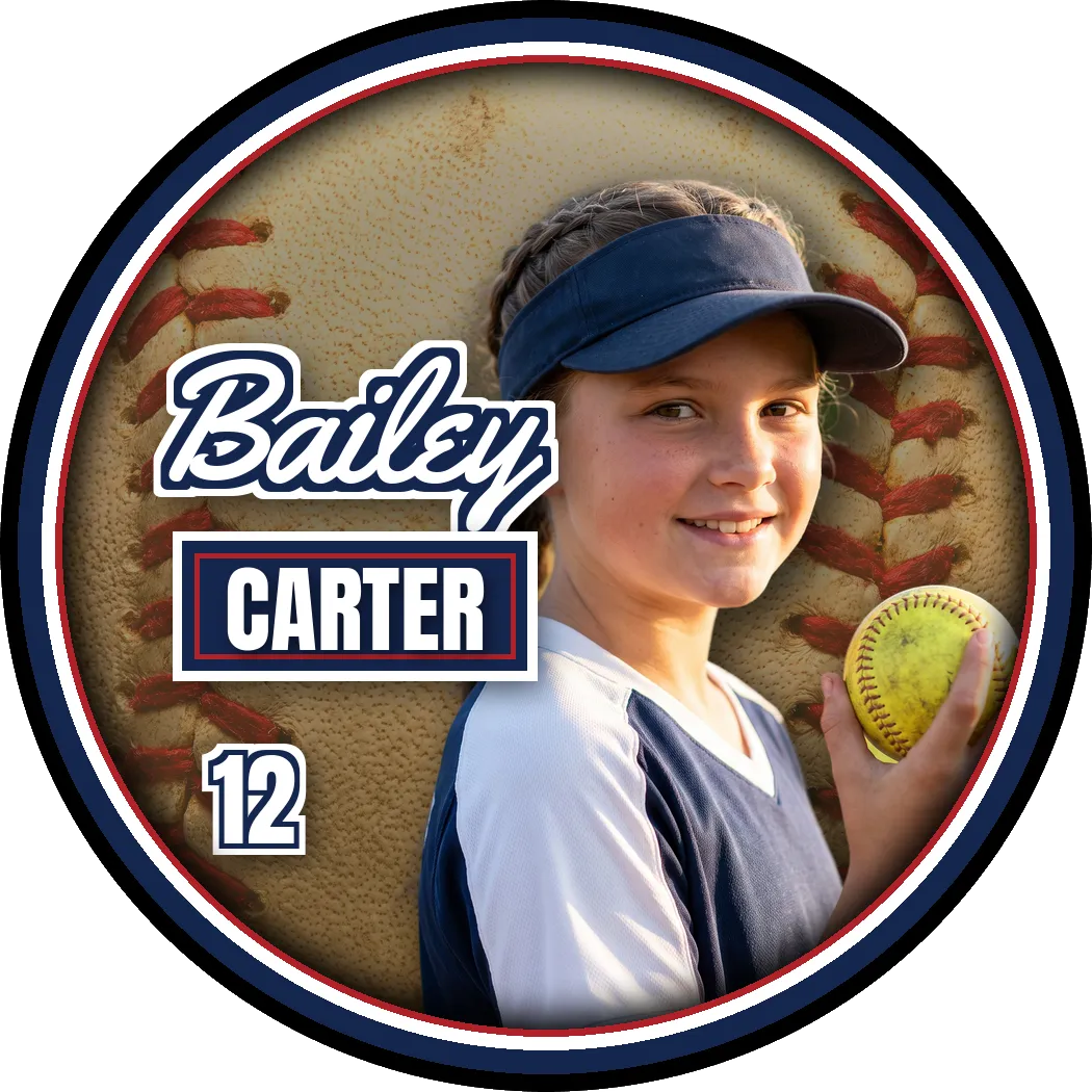 Softball button style — a demonstration design made with a model photograph